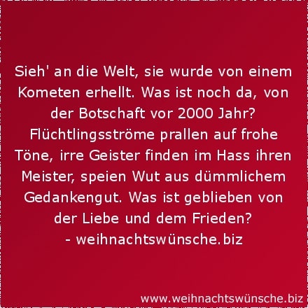 besinnliche Weihnachtswünsche Sieh an die Welt, sie wurde von einem Kometen erhellt. Was ist noch da, von der Botschaft vor 2000 Jahr? Flüchtlingsströme prallen auf frohe Töne, irre Geister finden im Hass ihren Meister, speien Wut aus dümmlichem Gedankengut. Was ist geblieben von der Liebe und dem Frieden?